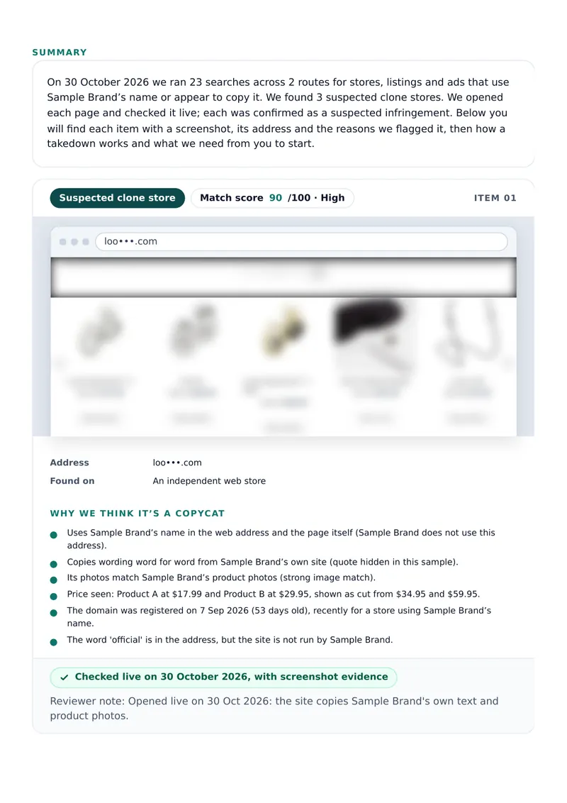 Report page 2: summary and the first suspected clone store with its evidence